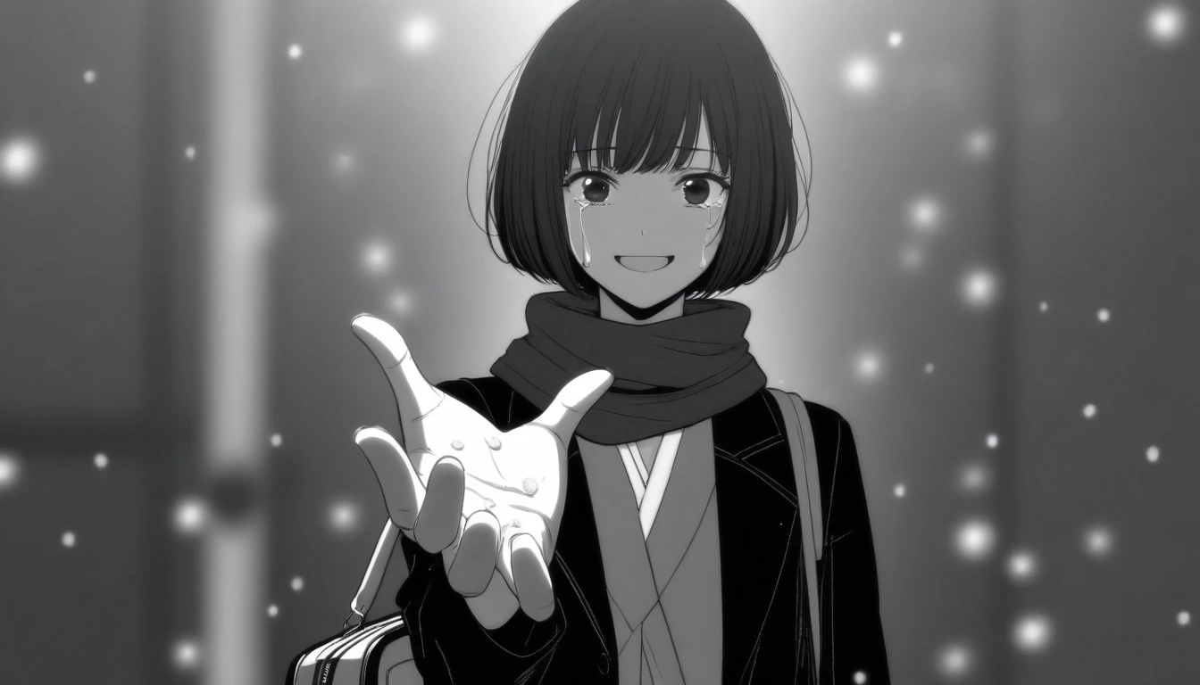 masterpiece, best quality, 1girl, mamerakkkkko, grayscale, manga style, japanese, chi no wadachi, black eyes, street, iced, black hair, schoolbag, smile, lineart, black coat, black scarf, black pleated skirt, leggins, centered, adult female:1.4, tall, fair skinned, bokeh background, crying, tears, tears streaming, bob cut, light particles, centered, snowing, (((reaching out left hand to viewer, perfect hand, detailed hand:1.1)), emotional anime scene, (center focus, mobile adapted)