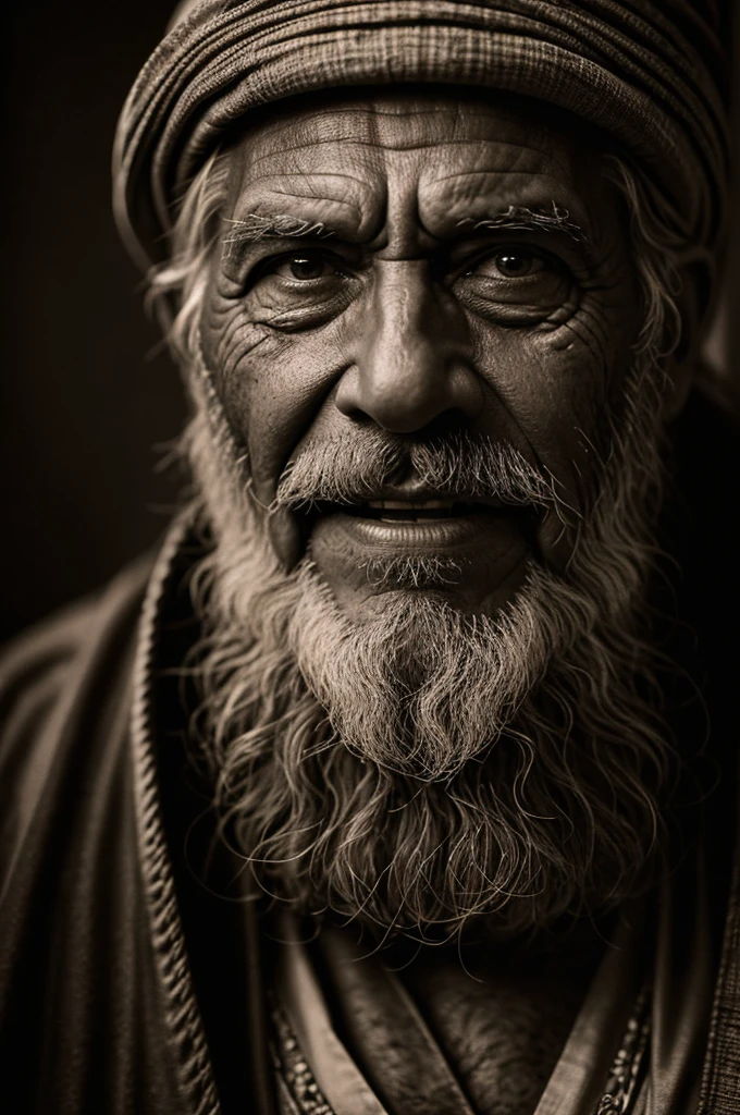 Close-up, editorial photograph of a 70 year old Mayan/Jewish man with grey beard), wearing ancient robes  (high-detailed face:1.4) (sorrido:0.7) (background inside dark, Moody, private study:1.3) ass pov, Directed by: Lee Jeffries,  analog, grainy, dust, scratches, blurry, Daguerreotype, Gelatin silver, Collodion_Photo, sepia 