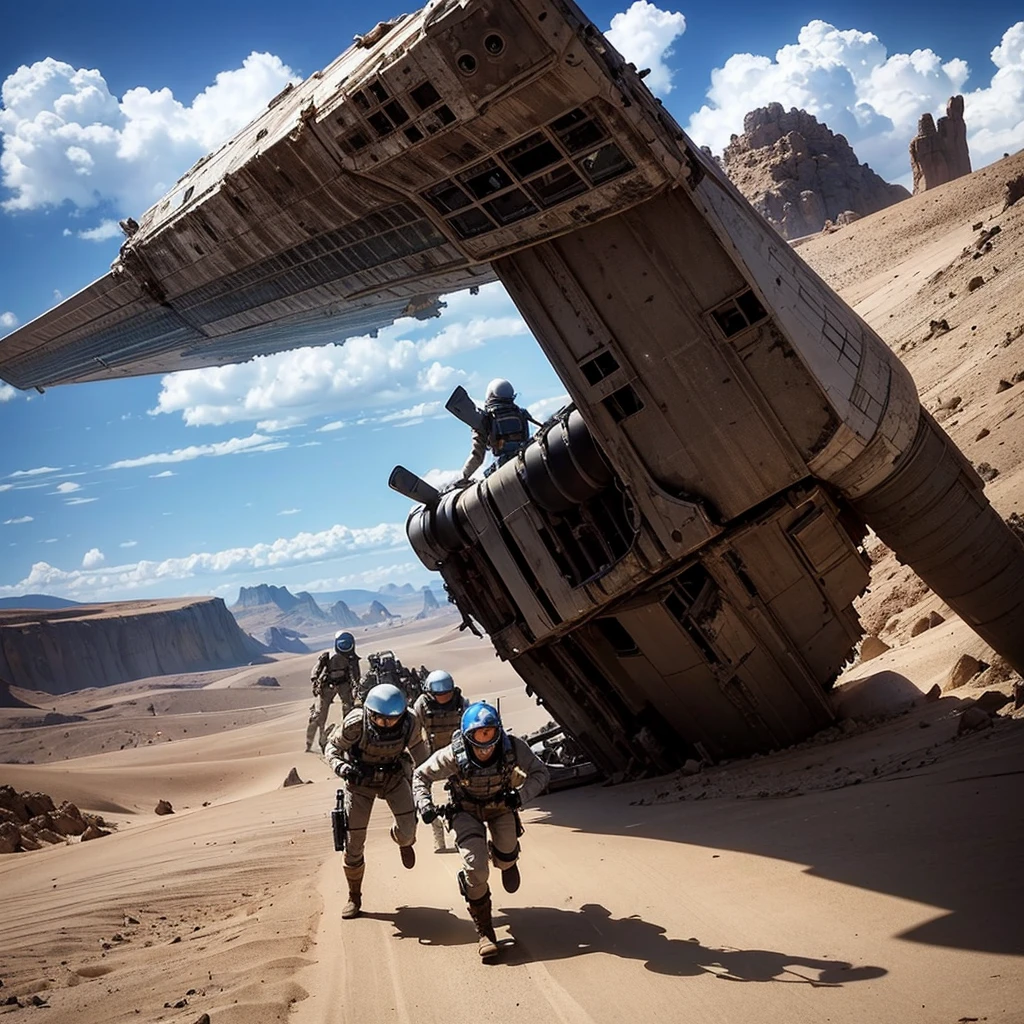 a group of armed space soldiers running from a destroyed spaceship wreck in the desert, cinematic style, extremely detailed, beautiful, crashed spaceship, beautiful clouds and blue sky, steampunks