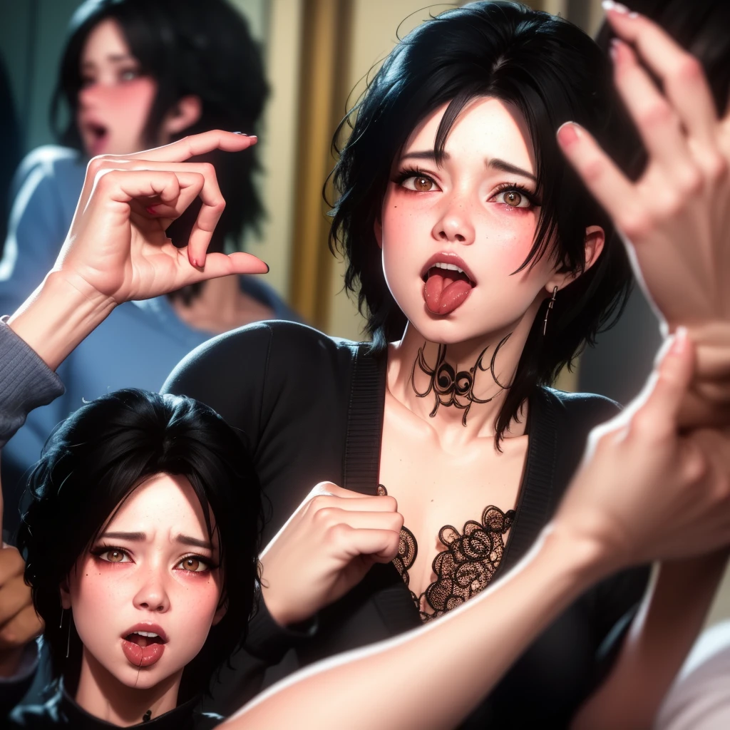 Evelyn, black hair, dirty hair, short hair, blur, cutout, blurred background, portrait, solo, Evelyn, black hair, dirty hair, cutout, upper body, open mouth, tongue, teeth, tongue, POV, looking at the viewer, hands at face level, shows 2 fingers index and middle