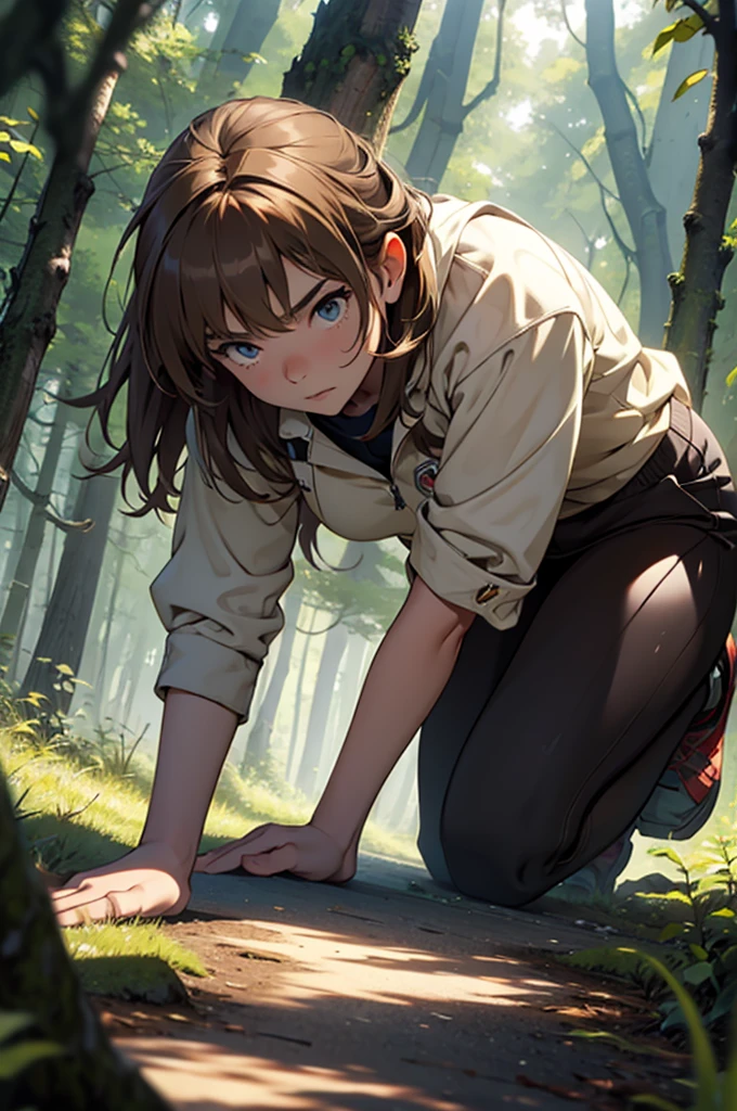 a wild feral light brown haired girl on all fours in the forest staring