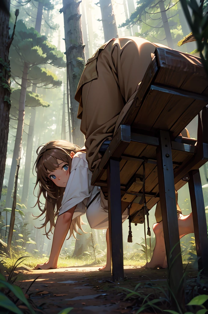 a wild feral light brown haired girl on all fours in the forest staring