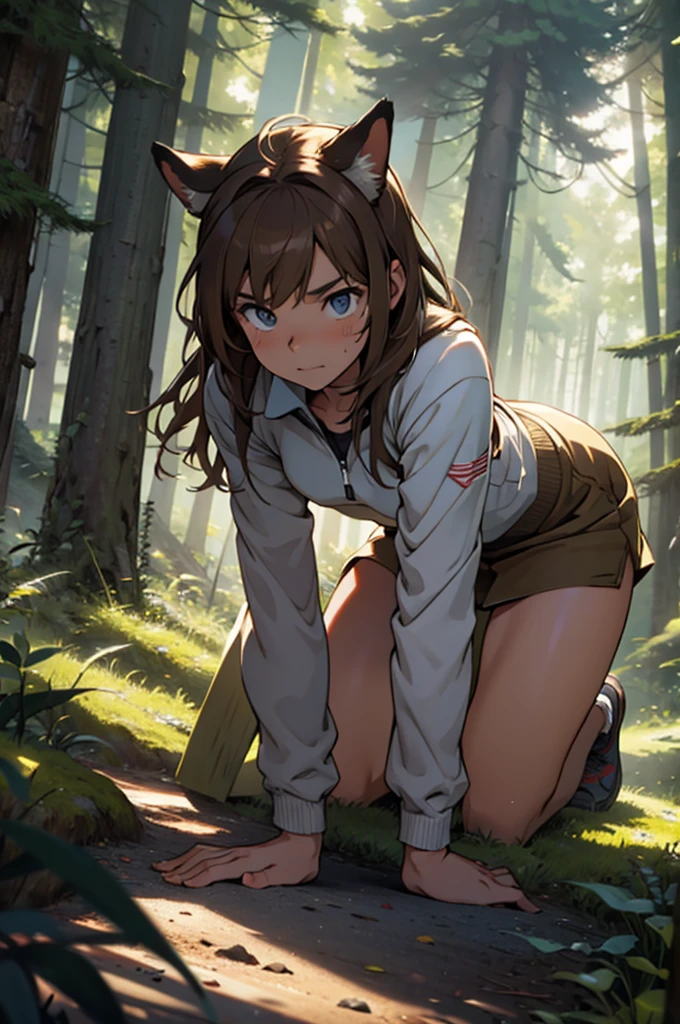 a wild feral light brown haired girl on all fours in the forest staring