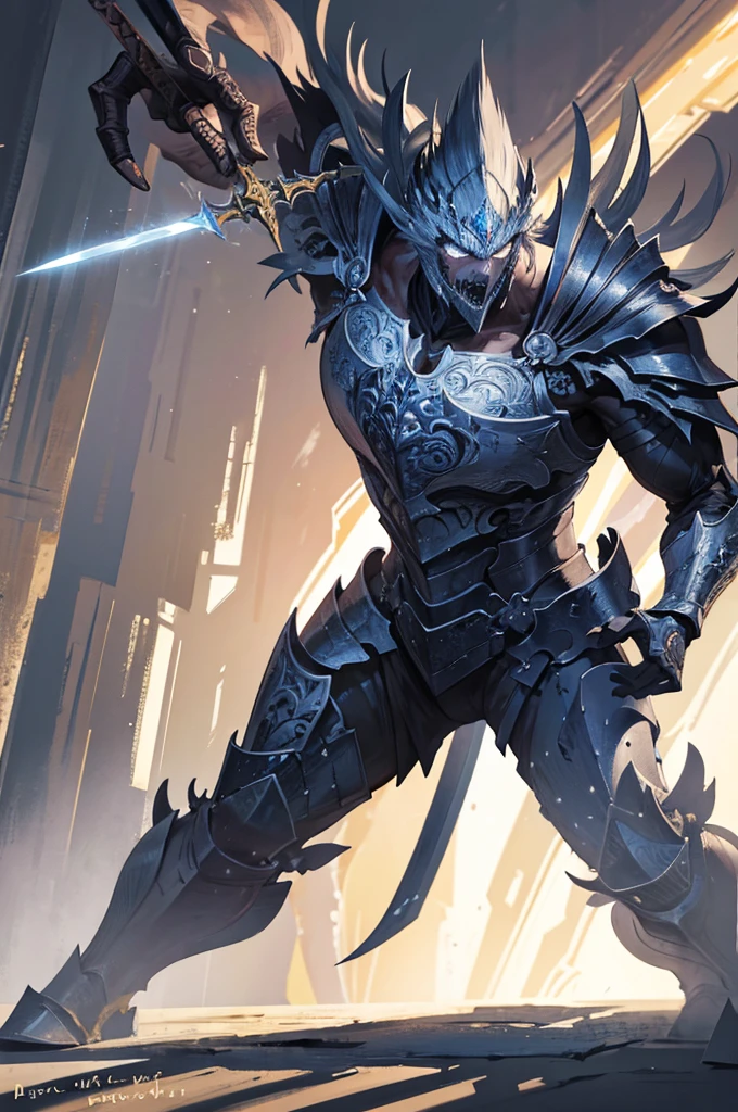 1 angry wizard, sword fired, extremely detailed face, intricate armor, dynamic pose, photo-realistic, stunning lighting, cinematic composition, masterpiece, 4k, highly detailed, full body in frame, powerful, muscular, aggressive expression, dramatic shadows, atmospheric, epic, hyper-realistic, dramatic, intense, full body