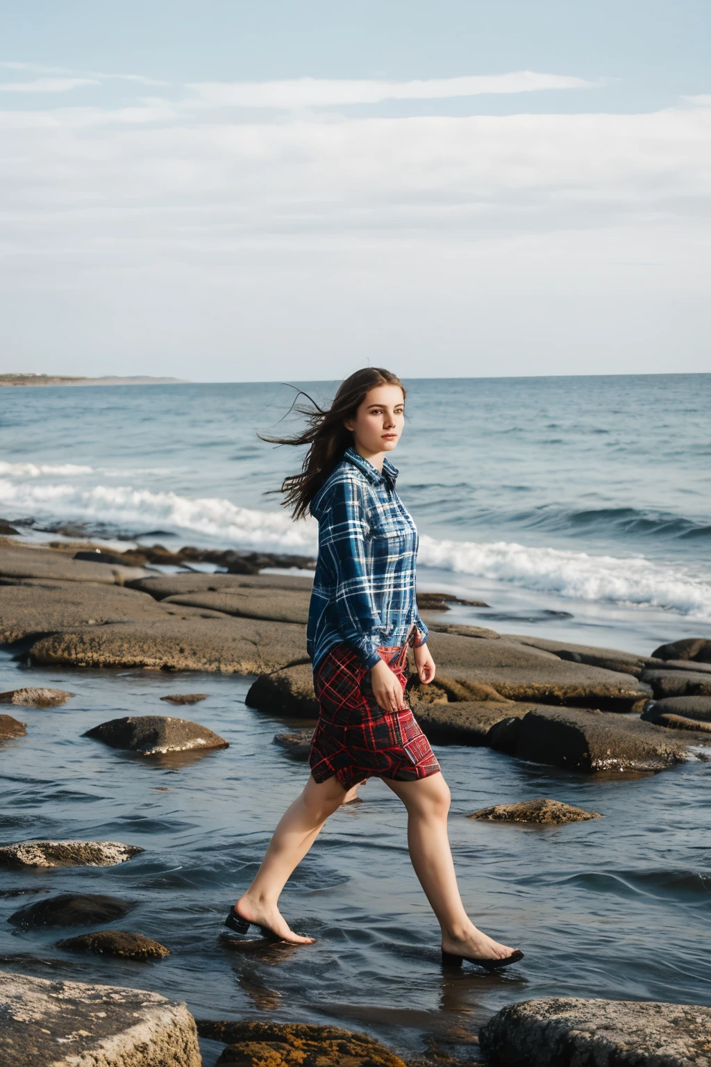 ((Best quality)), ((masterpiece)), (detailed), 1 Russian girl, Dark Square, plaid blue shirt, walks on rocks in shallow water with the sea in the background, Ship