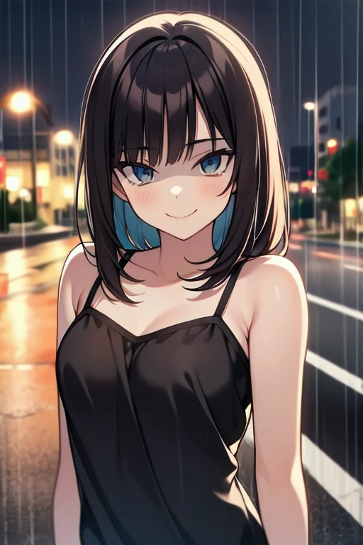 masterpiece, super details, best quality, beautiful girl, camisole, smile, shaded face, night, rainy, road
