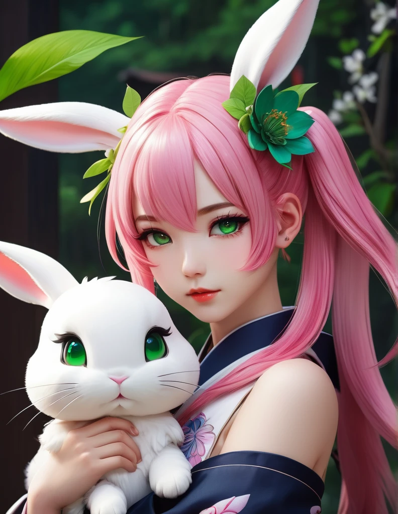 Cute sexy girl, Pink Hair, Bunny Girl,Large Breasts，Surreal, Detailed lighting, Japanese Animation