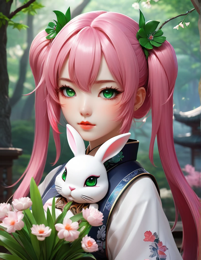 quality(8k wallpaper of extremely detailed CG unit, masterpiece, hight resolution, top-quality, top-quality real texture skin,hyper realisitic, digitial painting,increase the resolution,RAW photos,best qualtiy,highly detailed,the wallpaper),BREAK,8K, onmyoji-style art, 1girl,twintail,pink hair,green eyes,solo,parted lips,flower,bunny girl,,