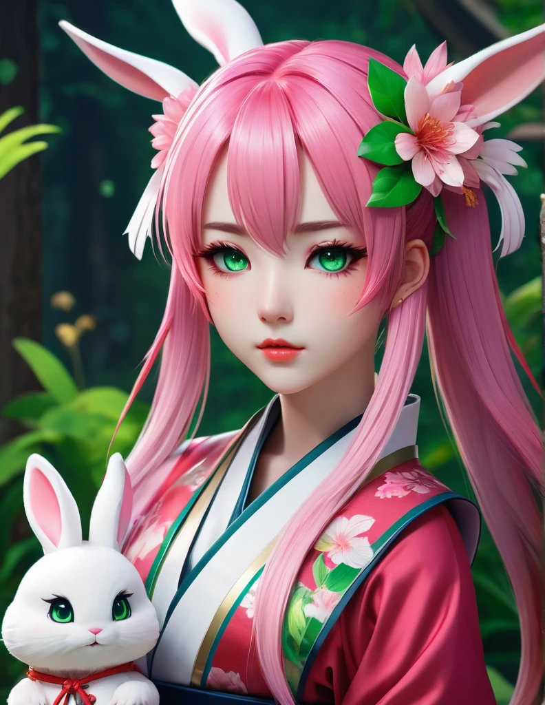 quality(8k wallpaper of extremely detailed CG unit, masterpiece, hight resolution, top-quality, top-quality real texture skin,hyper realisitic, digitial painting,increase the resolution,RAW photos,best qualtiy,highly detailed,the wallpaper),BREAK,8K, onmyoji-style art, 1girl,twintail,pink hair,green eyes,solo,parted lips,flower,bunny girl,,