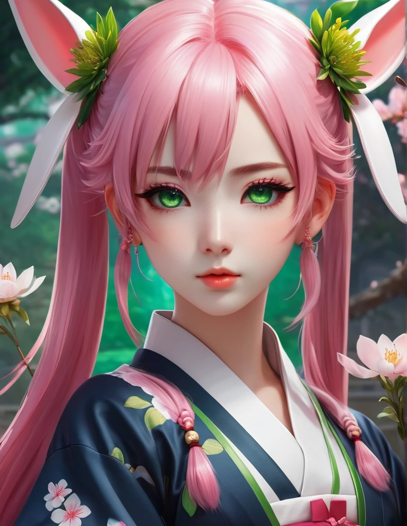 quality(8k wallpaper of extremely detailed CG unit, masterpiece, hight resolution, top-quality, top-quality real texture skin,hyper realisitic, digitial painting,increase the resolution,RAW photos,best qualtiy,highly detailed,the wallpaper),BREAK,8K, onmyoji-style art, 1girl,twintail,pink hair,green eyes,solo,parted lips,flower,bunny girl,,