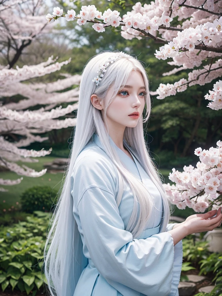 Long white hair, blue eyes, serious features, white skin, loose style, in a garden, with flowers , in the forest ,in the Sakura Korea ,Korean Palace