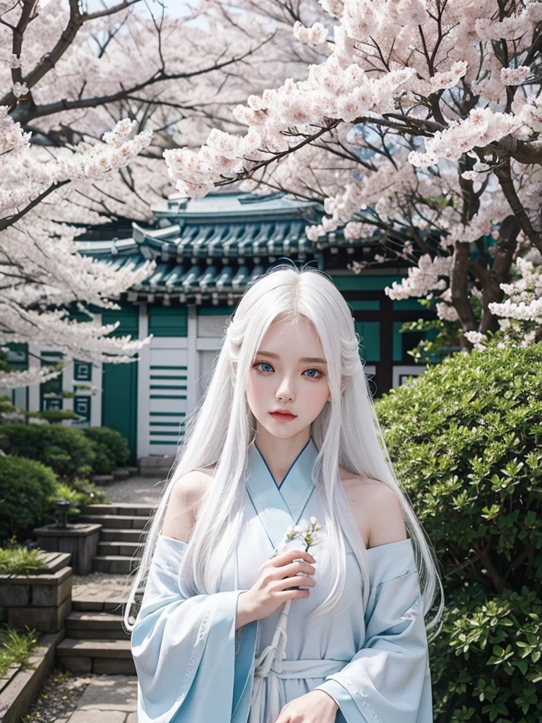 Long white hair, blue eyes, serious features, white skin, loose style, in a garden, with flowers , in the forest ,in the Sakura Korea ,Korean Palace