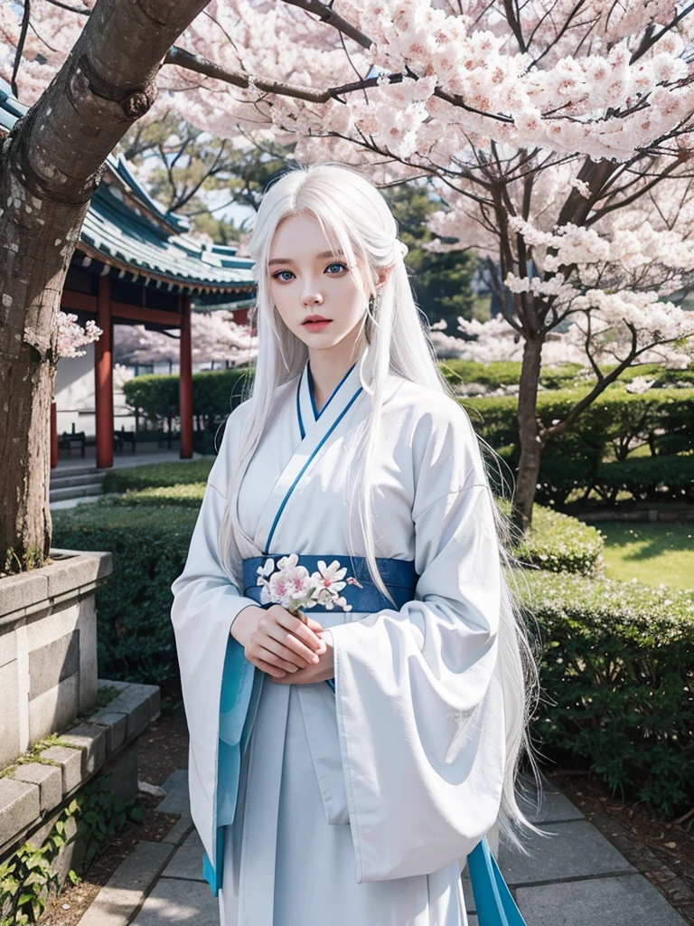 Long white hair, blue eyes, serious features, white skin, loose style, in a garden, with flowers , in the forest ,in the Sakura Korea ,Korean Palace 