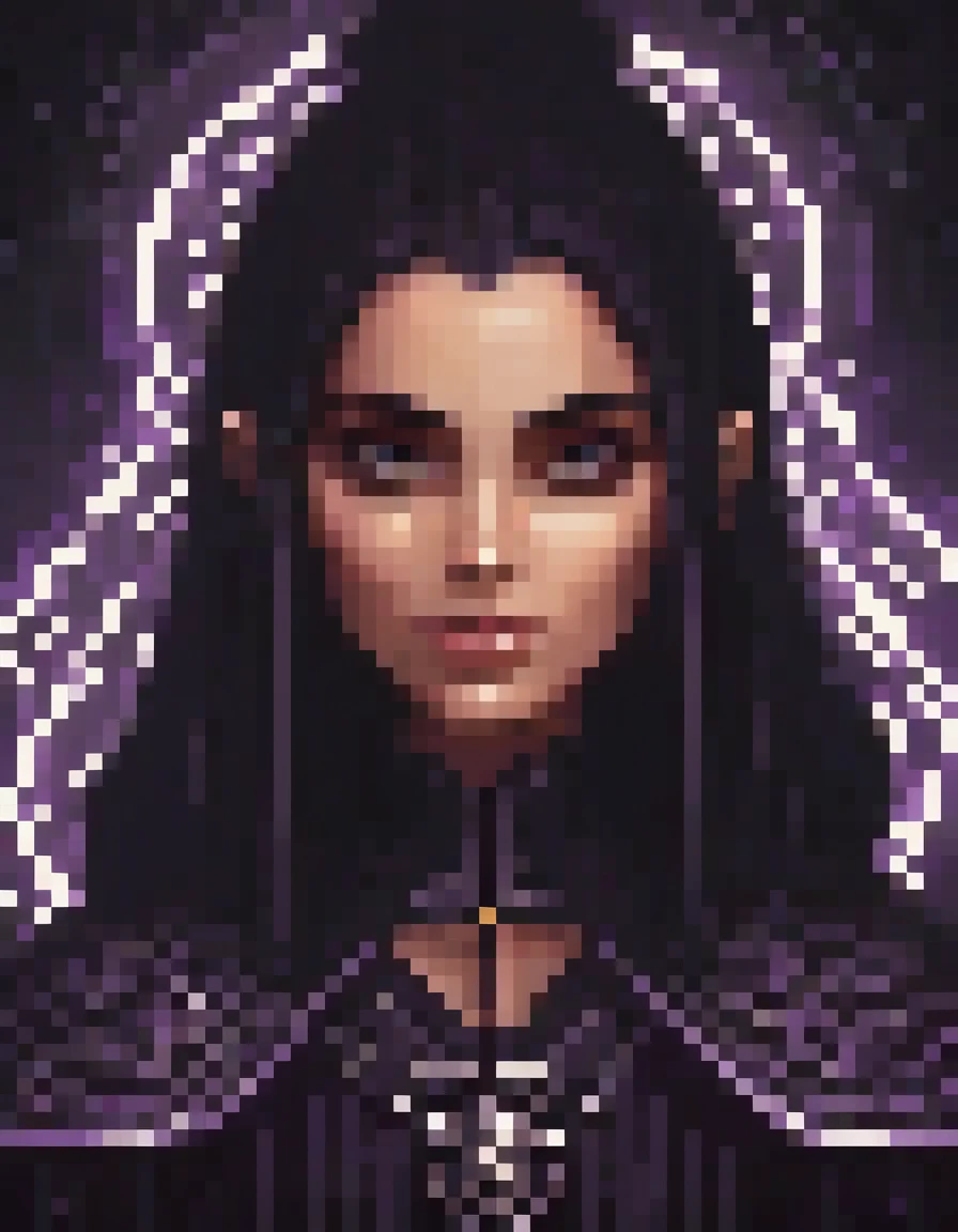 mesmerizing detailed portrait of an enigmatic brunette girl, shadowy arcane powers, dark mystical robes, eerie glowing aura, mysterious magic energy swirling around, dramatic lighting, sinister expression, long dark robes, glowing eyes, powerful magic user, intricate pixel art style, highly detailed, masterpiece, 8k, photorealistic, shadowy environment, best quality, highres, ultra-detailed, realistic, photo-realistic, dark fantasy, cinematic, chiaroscuro, moody atmosphere, no other colors than black.