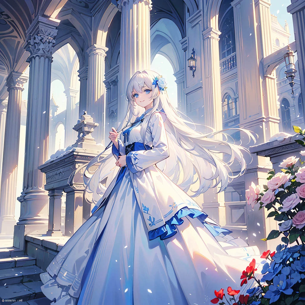 ((best quality,masterpiece,Extremely complex and exquisite details,There is only one beautiful girl with long white straight hair and blue eyes,Smile,long skirt)),(Exquisite light blue and white clothing,Beautiful bright and exquisite ancient style white castle architectural background),(correct anatomy,exquisite face),(Exquisite fantasy dream style,Snow,Falling Flowers,The great outdoors),whole body