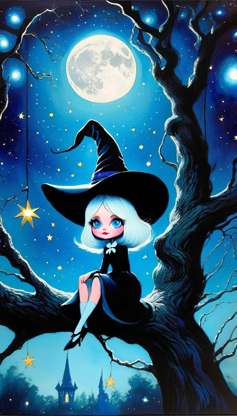 ((🧙‍♀️)), (black hat), {witch sitting on a high tree branch}, ((from bottom)), magic, fantastic, night sky, moon, stars, background, Alice in Wonderland , alone, very beautiful, cute, adorable, embarrassed, alone, blue eyes, white skin,glowify  (art inspired in Skottie Young and Bill Sienkiewicz). oil painting)
