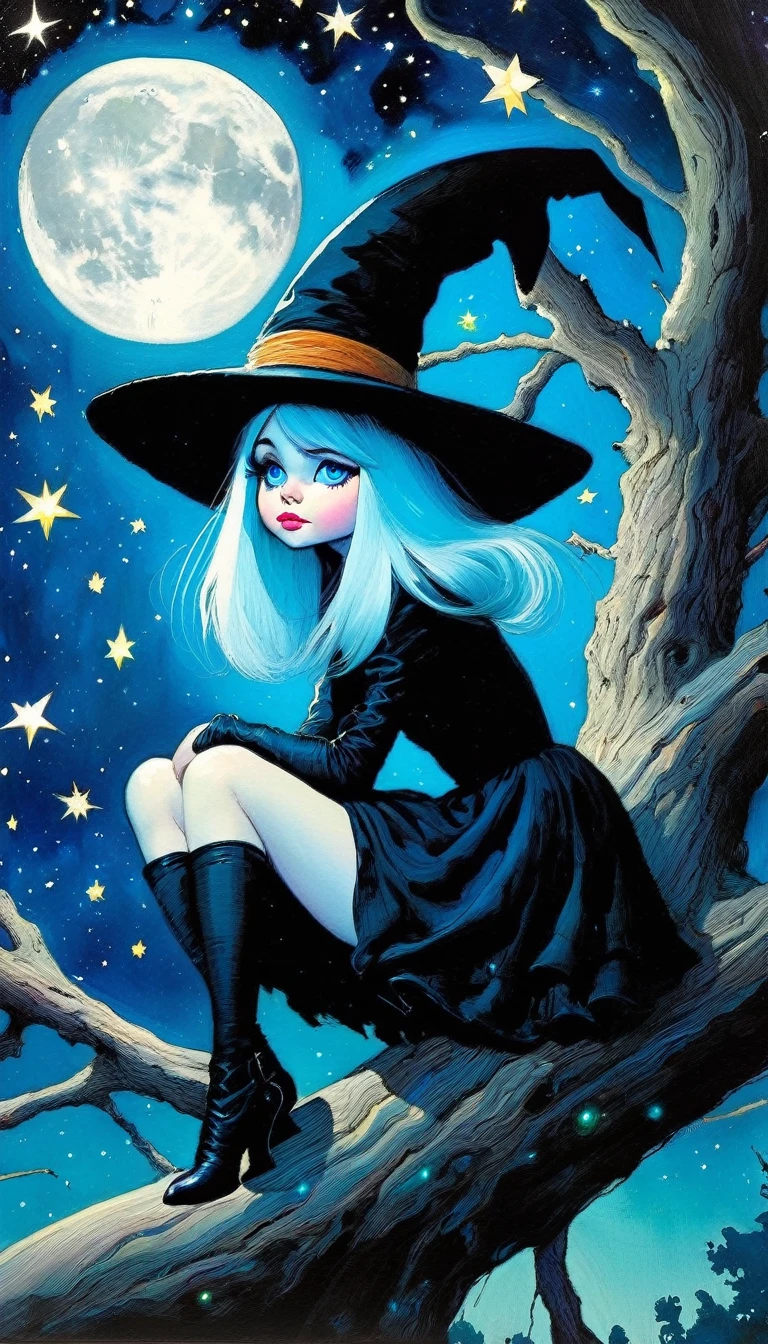 ((🧙♀️)), (black hat), {witch sitting on a high tree branch}, ((from bottom)), magic, fantastic, night sky, moon, stars, background, Alice in Wonderland , alone, very beautiful, cute, adorable, embarrassed, alone, blue eyes, white skin,glowify (art inspired in Skottie Young and Bill Sienkiewicz). oil painting)