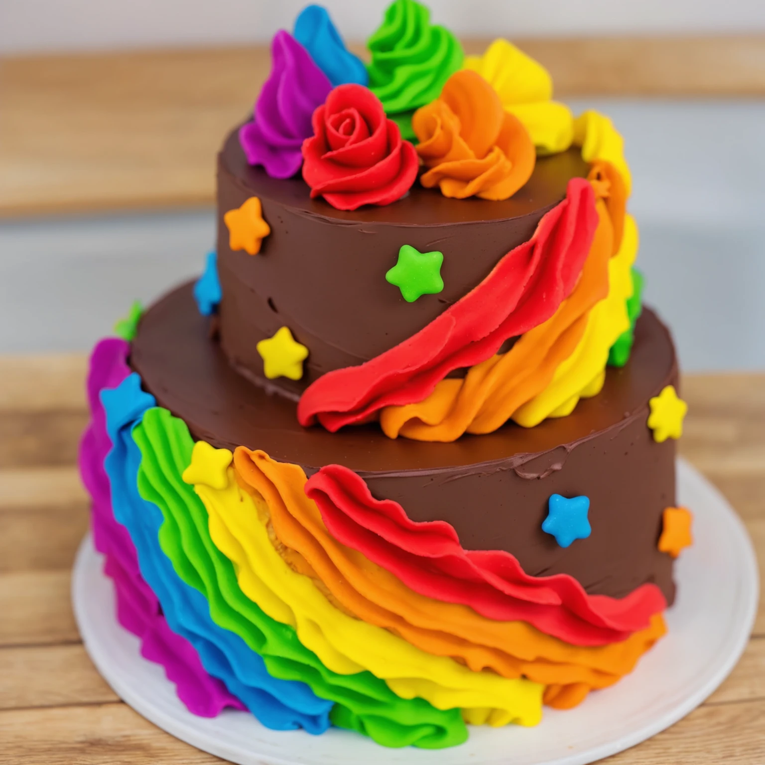 on a wooden table. there is a white plate. two-tier cake, chocolate cream cake, rainbow cream in the form of ruffles, decorated with rainbow stars made of polymer clay, multi-colored cream on top, against the background of the kitchen, Beautiful light from the window, contour light, Multiple light sources, beautiful lighting, Bright light source, bright lighting, beautiful light sources, Multiple light sources, Realistic style , realistic texture, detailed texture, A high resolution, high quality,