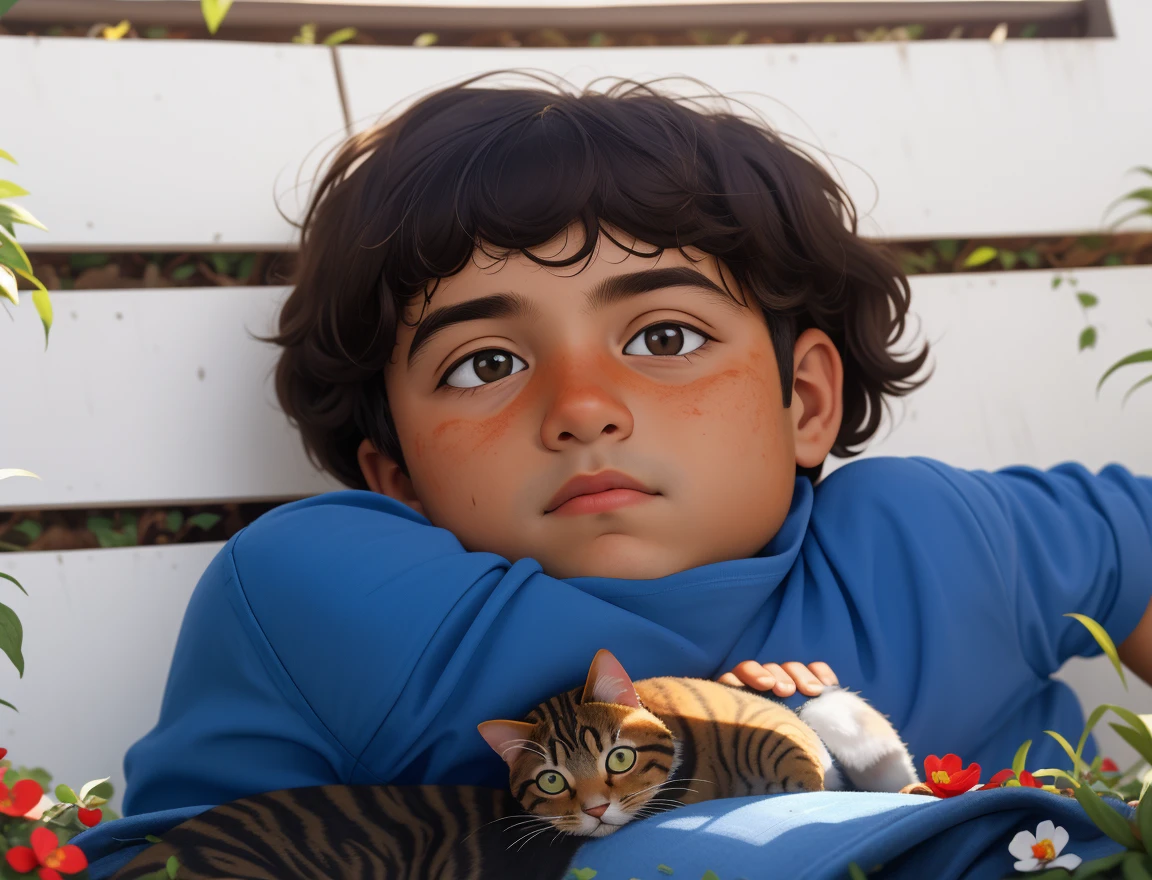 Retrato realista de um de sete anos, Ele usa uma camisa vermelha . Your face is and exploratory . Ele sai cautelosamente para o jardim da casa, A small cat is among the bushes and he touches it cautiously ,Not facing the camera,, Hair is messy ,