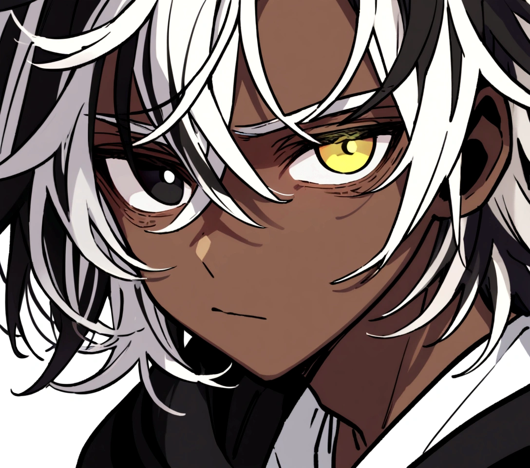 white  shirt, wearing a black hoodie , yellow and black eyes heterochromia , , dark expression , Messy hair , Medium length hair , 1 men , multicolored black and white hair , two tone hair , dark skin color icon format