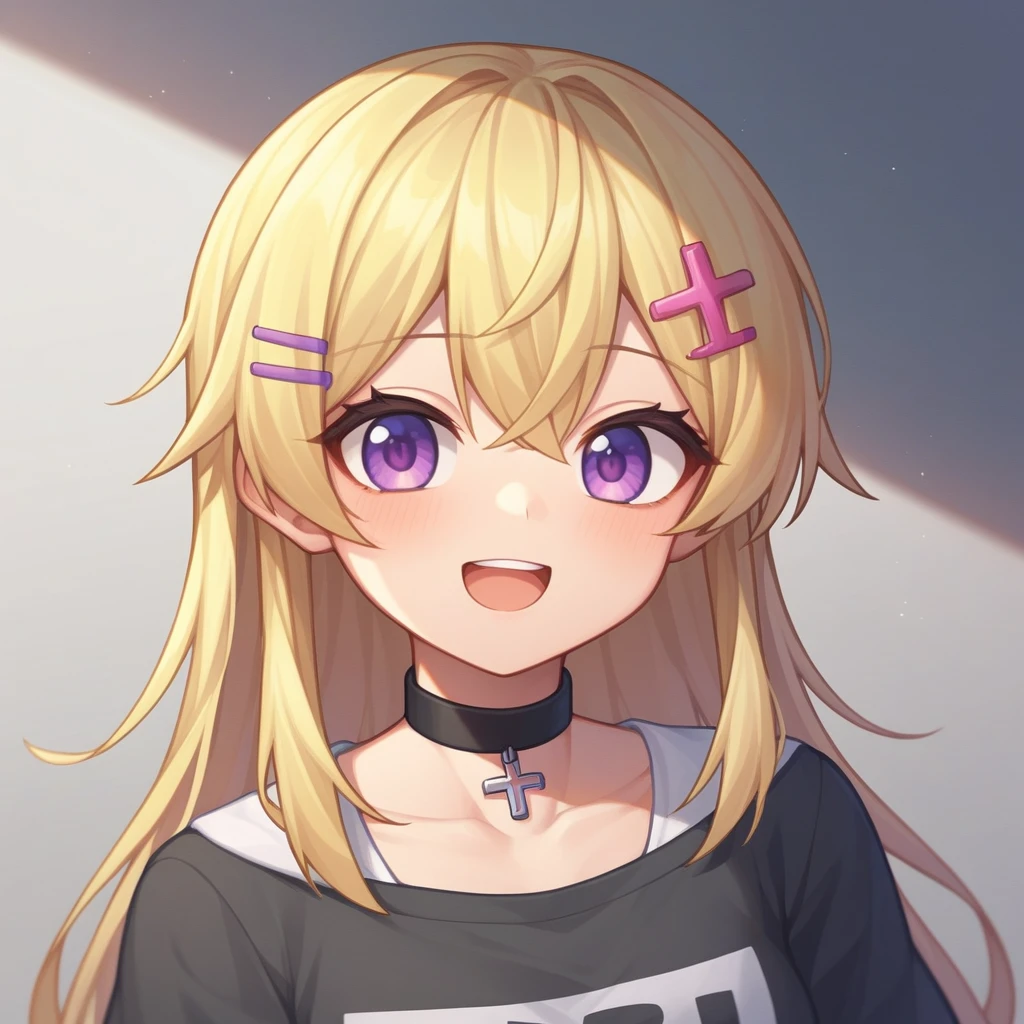 work of art, best qualityer, absurderes, illustration, blackw,
1 girl, knight, anime character, kawaii, cute, fuwafuwa, blonde hair,longye hair, rhombus stripe, choker, clip, purple eyes with yellow, Face-only image, ícon.