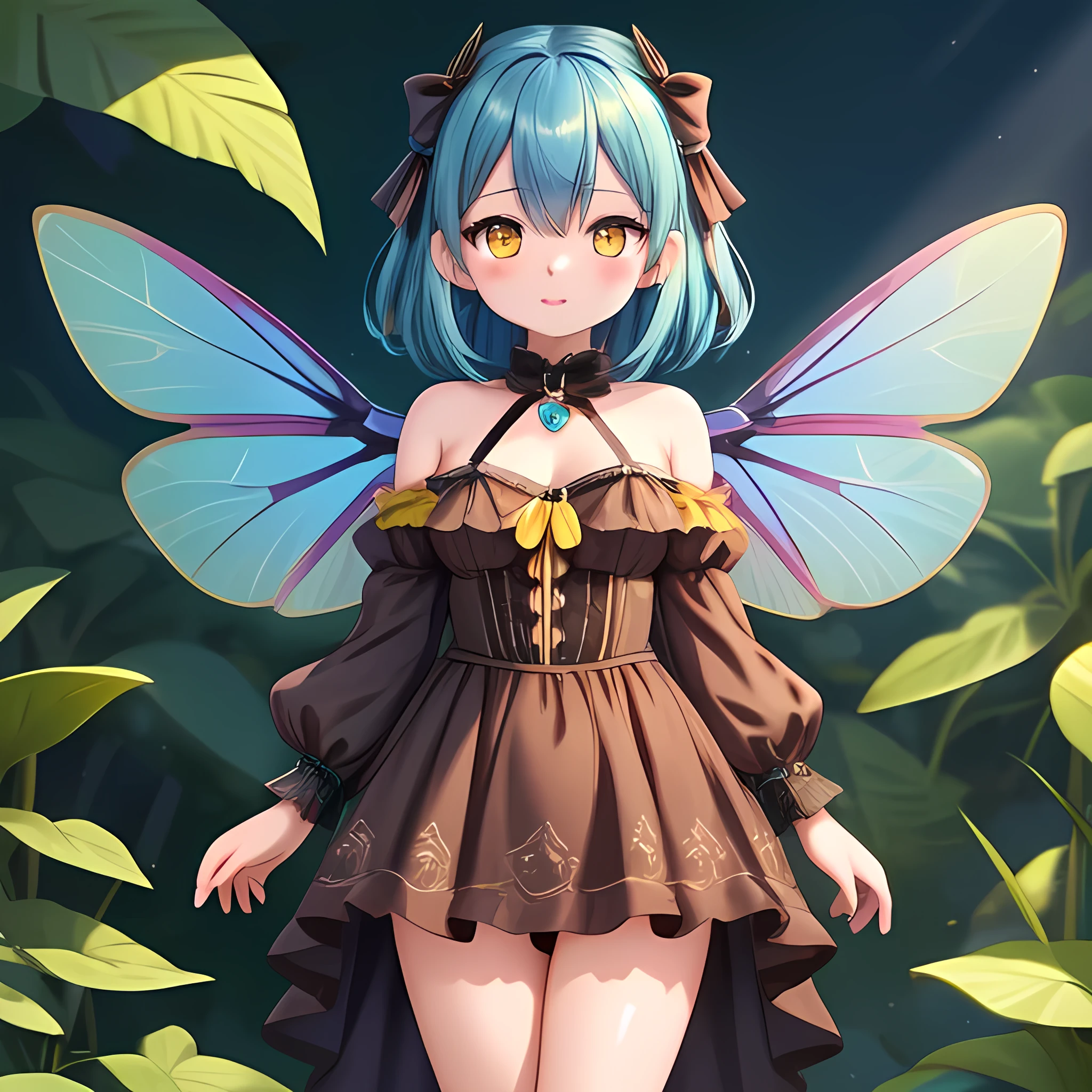 1girl, dragonfly girl, 6 wings, small, 30 years old, big breasts, cute, kawaii, brown dress, cobalt wings, yellow eyes, dark blue hair, detailed face, high quality, masterpiece, photorealistic, digital art, ultra-detailed, vibrant colors, natural lighting, fullbody