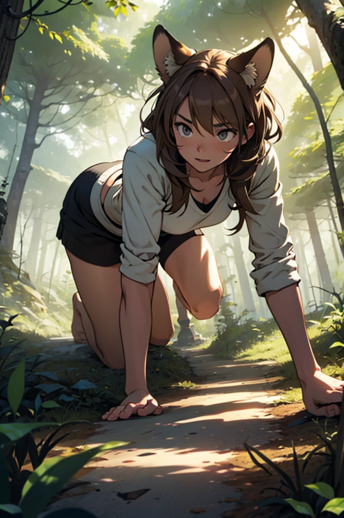 a wild feral light brown haired girl on all fours in the forest staring