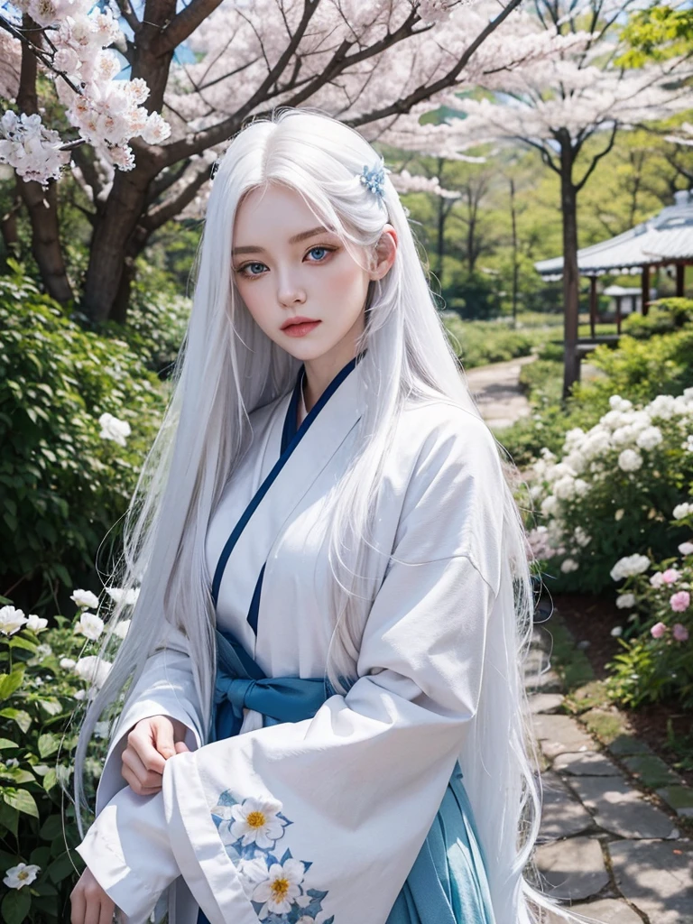 Long white hair, blue eyes, serious features, white skin, loose style, in a garden, with flowers , in the forest ,in the Sakura Korea