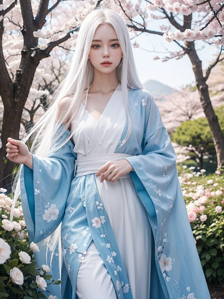 Long white hair, blue eyes, serious features, white skin, loose style, in a garden, with flowers , in the forest ,in the Sakura Korea