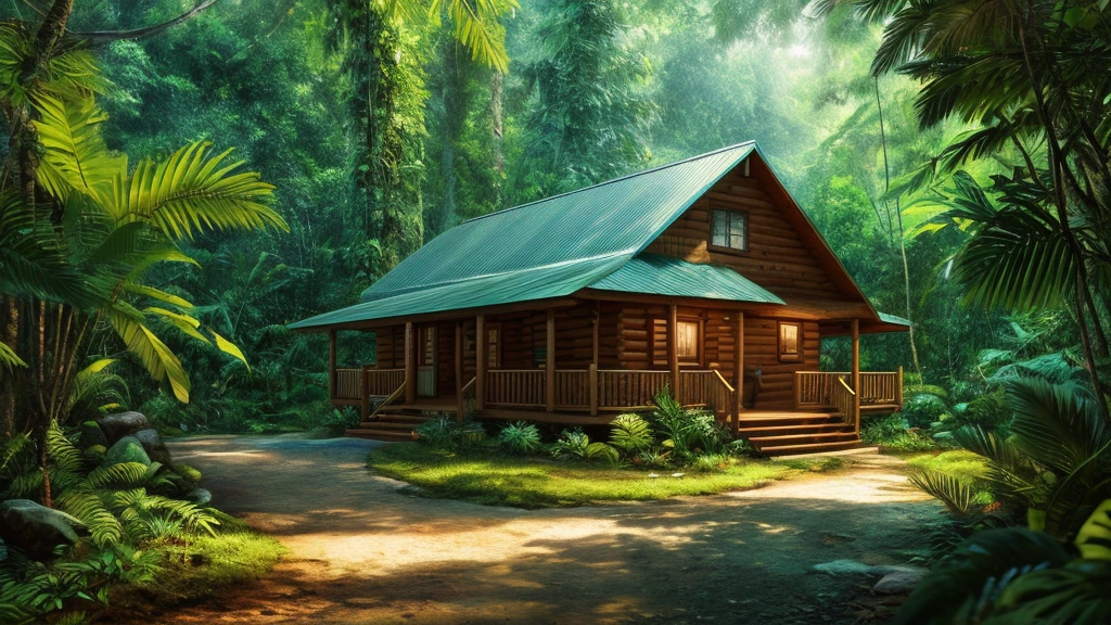 cabin style, beautiful, textural, ray tracing, absurd, official art, illustration,(((best quality))),((ultradetailed)), Film real style, nature, jungle, scenery
