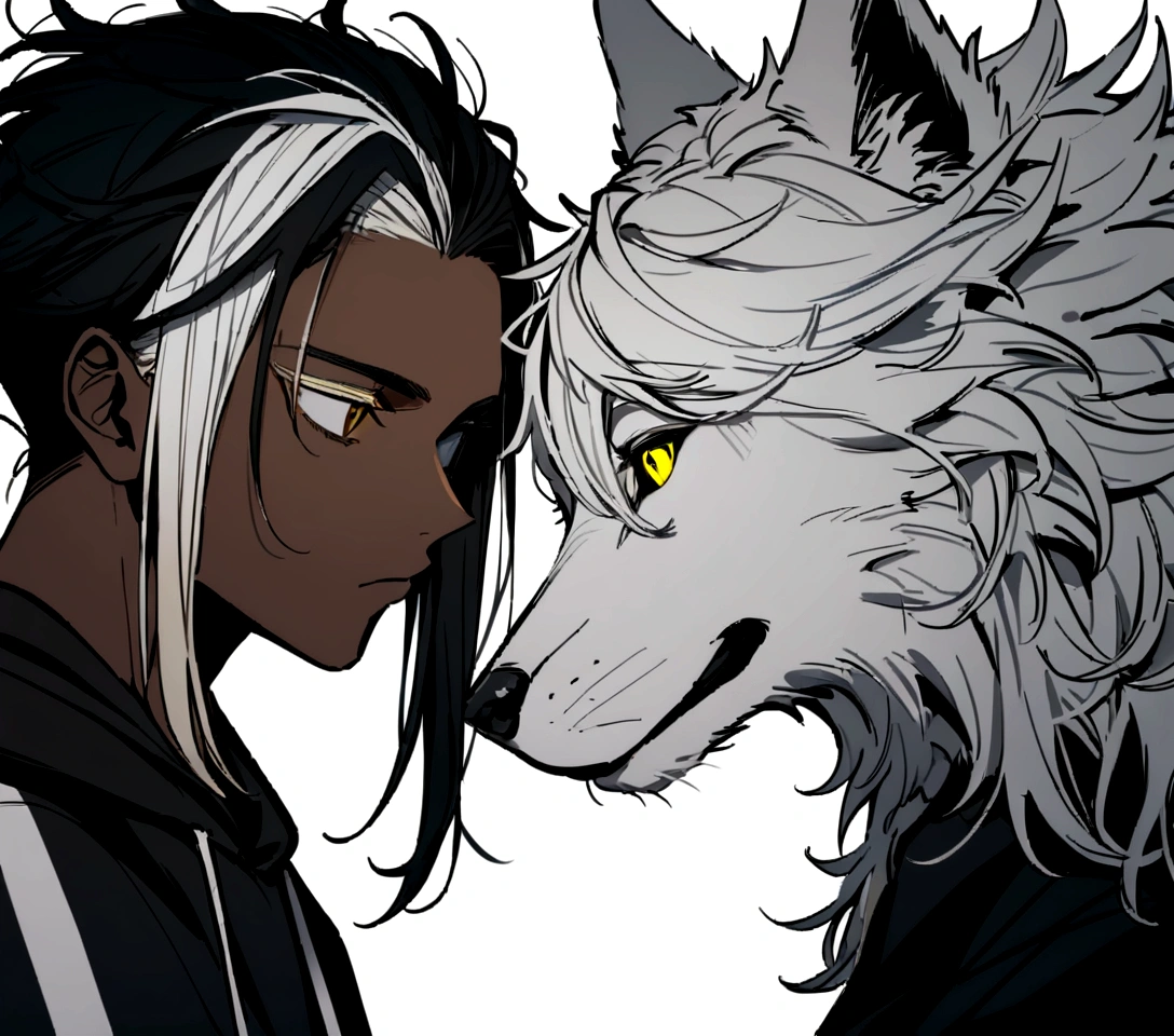 white shirt, wearing a black hoodie , yellow and black eyes heterochromia , Messy hair , Medium length hair , 1 men , multicolored black and white hair , two tone hair , dark skin color , with a white wolf , both of them looking at each other like idiots