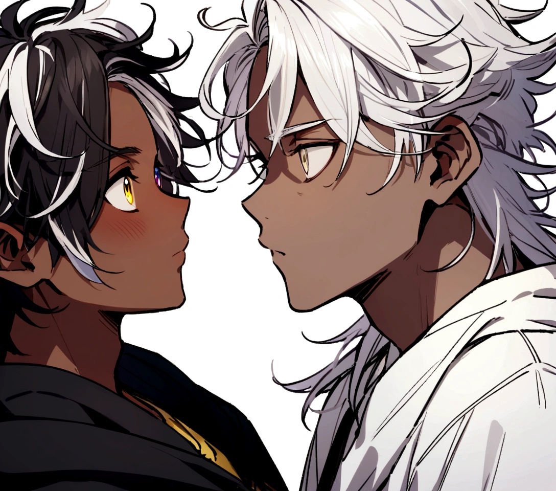 white shirt, wearing a black hoodie , yellow and black eyes heterochromia , Messy hair , Medium length hair , 1 men , multicolored black and white hair , two tone hair , dark skin color , with a white wolf , both of them looking at each other like idiots