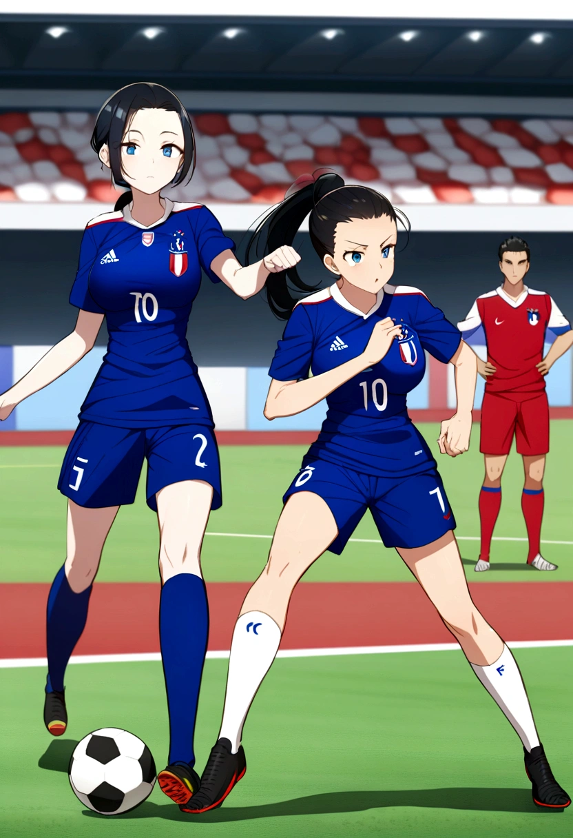 (anime ,2D) Women, soccer player , average height ,clear skin,thin face ,blue eyes,black hair , waist length ,fringe ,collected in a ponytail,Skinny body,big breasts,small waist, France national team uniform, In a soccer field ,kicking a ball with a super technique,with a warrior spirit.