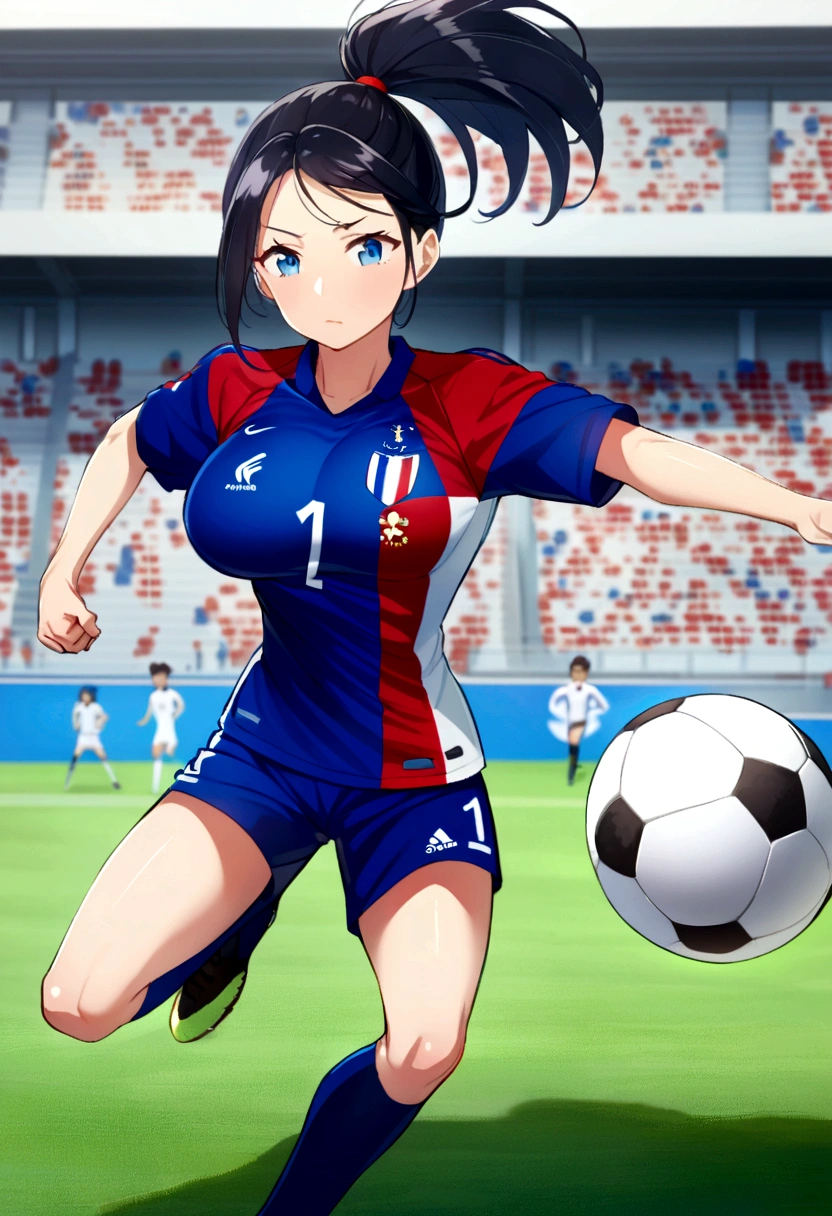 (anime ,2D) Women, soccer player , average height ,clear skin,thin face ,blue eyes,black hair , waist length ,fringe ,collected in a ponytail,Skinny body,big breasts,small waist, France national team uniform, In a soccer field ,kicking a ball with a super technique,with a warrior spirit.