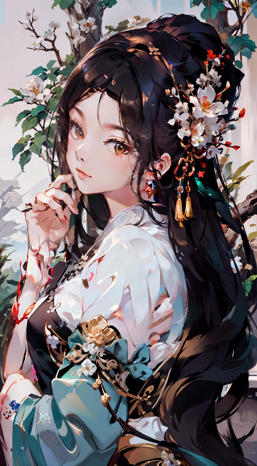 In a dense bamboo forest,Standing was a long bright black hair,A gentle breeze,Chinese vintage white long dress,Beautiful and cute,teens girl,water ink,Look at you with big eyes,A hand caresses a bamboo leaf, 8K wallpaper, Highly detailed, 18-year-old girl, Black hair, Long hair, Detailed eyes, bamboo forrest, Bare shoulders, lakes, Pure, Soft smile