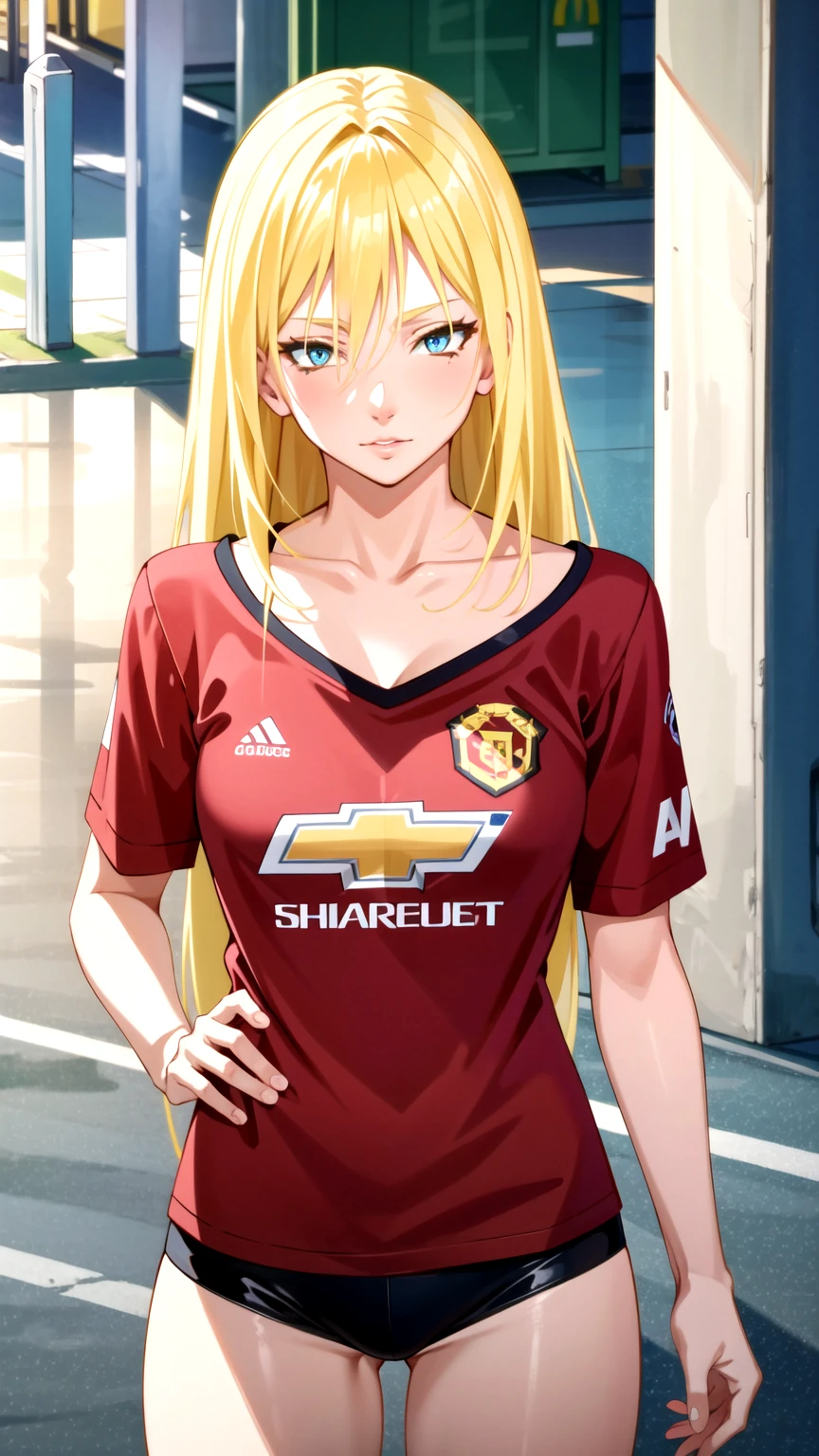 Masterpiece, best quality, very detailed, Ultra high resolution, (photorealistic:1.4), raw photos, (realistic:0.2), 1 girl, alone, long hair,,8k hdr, 1 girl,Blonde hair,  medium-large breast, bright eyes, , medium-small breasts,Wearing a Manchester United shirt , McDonald's