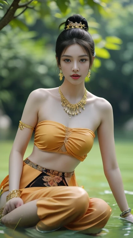 An ancient Chinese beauty,Dance,The ornate costumes are embroidered with intricate embroidery,A long colored streamer is tied around the arm,flowy,Open navel,cropped shoulderare neck,Yingluo,Black coiled hair bun hairpin hairband,The armband is tied with a streamer,Bracelet,Anklets,A metal chain tassel is tied around the waist,Mogao Cave Art,Inspiration for the Dunhuang flying mural,water ink,CGstation is popular ,NSFolden decoration,nipple tassels,Show your toeull bodyesbian --v 6
