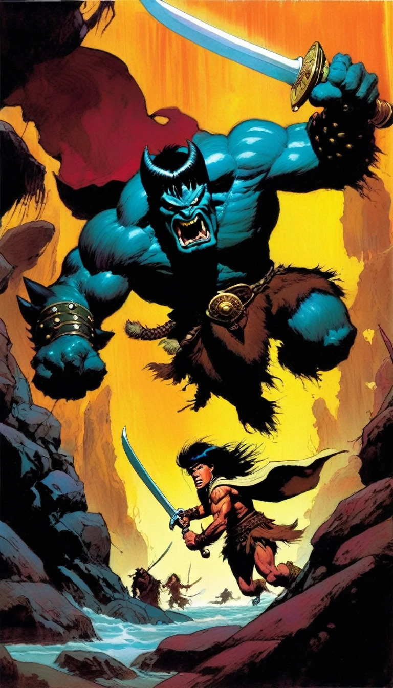 Conan charcter, action scene, monster in scene (art inspired in Skottie Young and Bill Sienkiewicz). oil painting)