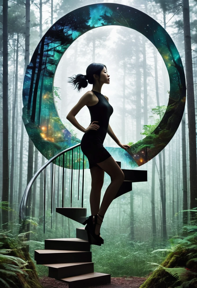A mesmerizing double exposure masterpiece by the exceptionally talented artist Jinxit. The artwork captures the striking silhouette of a mysterious woman, with her black hair composing a staircase that leads to a magical, portal to another dimension, the universe is within the portal. Mysterious forest forests, the artist's imaginative vision create an otherworldly atmosphere.