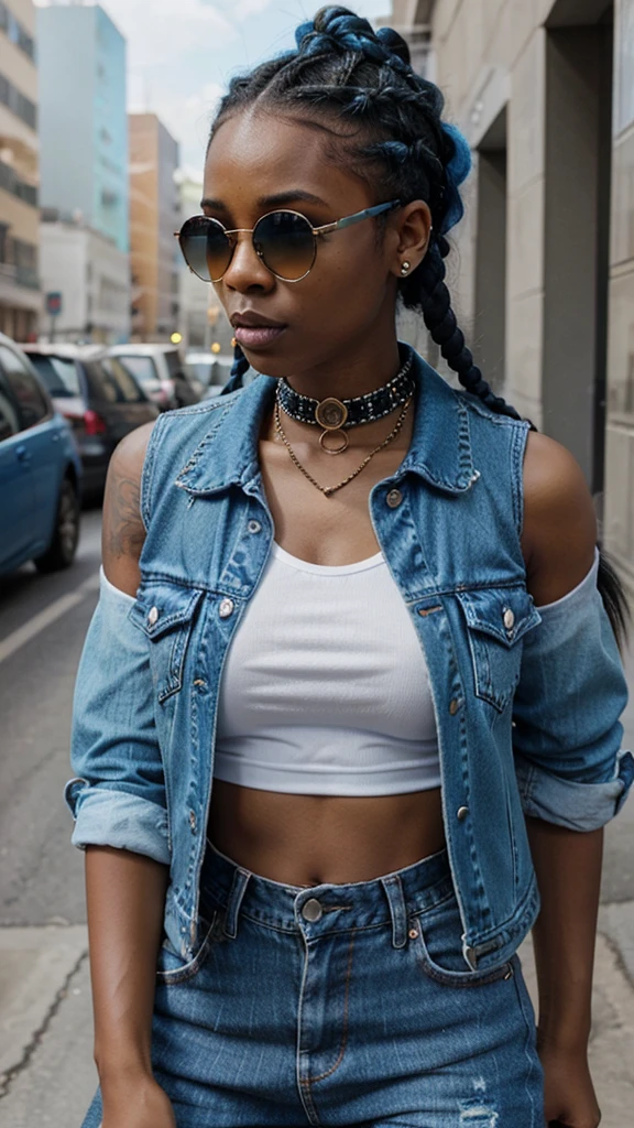 Pretty black girl with blue ombre braids in a mohawk, rapper-type wearing cirlce-rim dark sunglasses and denim vest wirh rhinestone collar