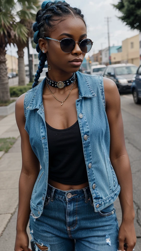 Pretty black girl with blue ombre braids in a mohawk, rapper-type wearing cirlce-rim dark sunglasses and denim vest wirh rhinestone collar