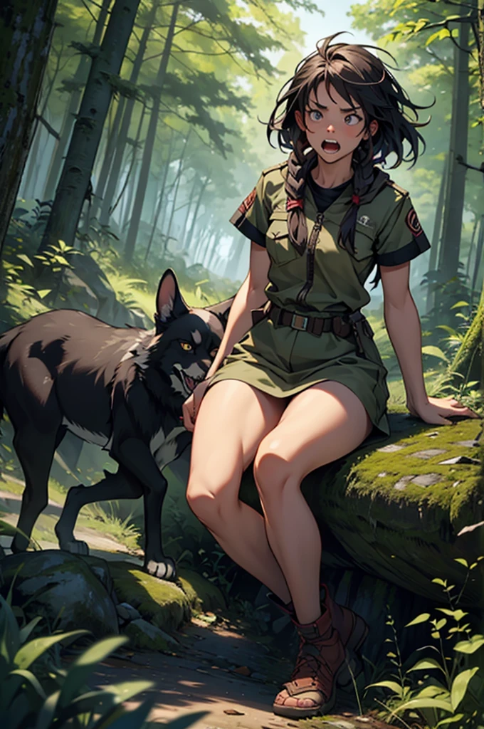 a feral girl in the woods growling like a wild animal