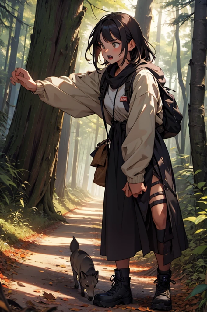 a feral girl in the woods growling like a wild animal 