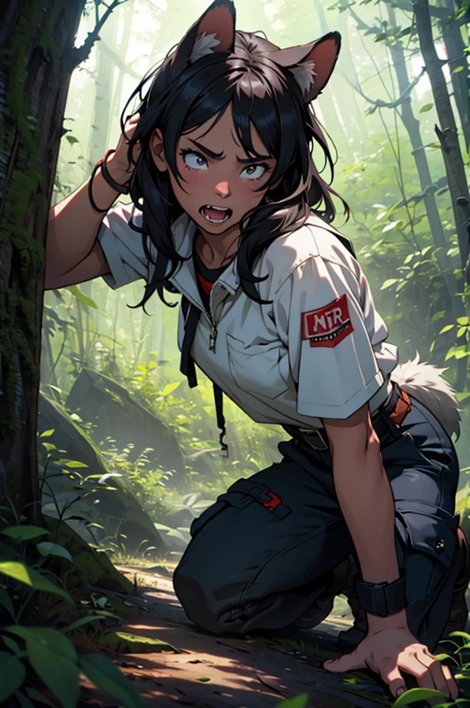 a feral girl in the woods growling like a wild animal