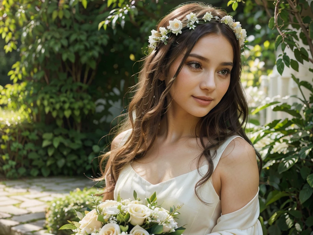 a girl in a lush garden, beautiful detailed eyes, beautiful detailed lips, extremely detailed face and skin, long eyelashes, long wavy hair, elegant flower crown, flowing white dress, holding a bouquet of flowers, gentle smile, serene expression, soft natural lighting, vibrant colors, photorealistic, 8k, hyper detailed, intricate, masterpiece