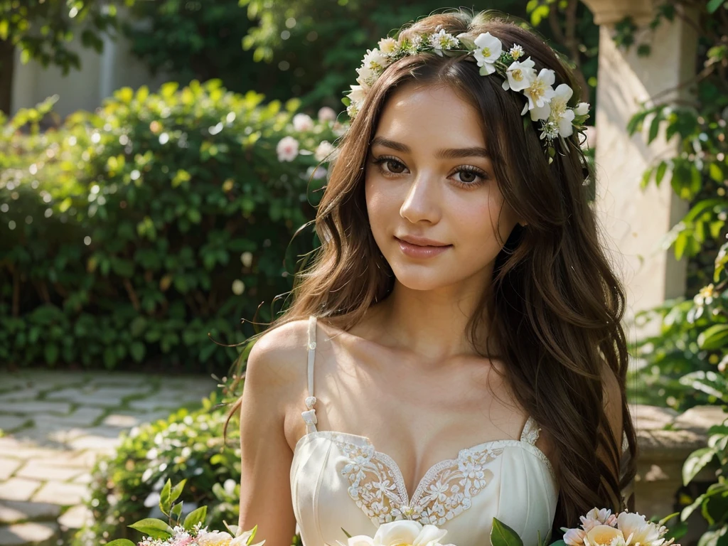 a girl in a lush garden, beautiful detailed eyes, beautiful detailed lips, extremely detailed face and skin, long eyelashes, long wavy hair, elegant flower crown, flowing white dress, holding a bouquet of flowers, gentle smile, serene expression, soft natural lighting, vibrant colors, photorealistic, 8k, hyper detailed, intricate, masterpiece