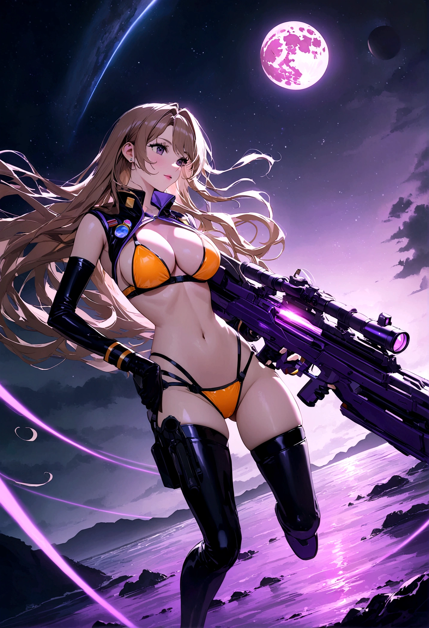 sofia vergara (age 30), space explorer in her bikini uniform and carrying her laser rifle, is wandering along the alien worlds sea coast, purple hazy sky with three moons, alien beach at night