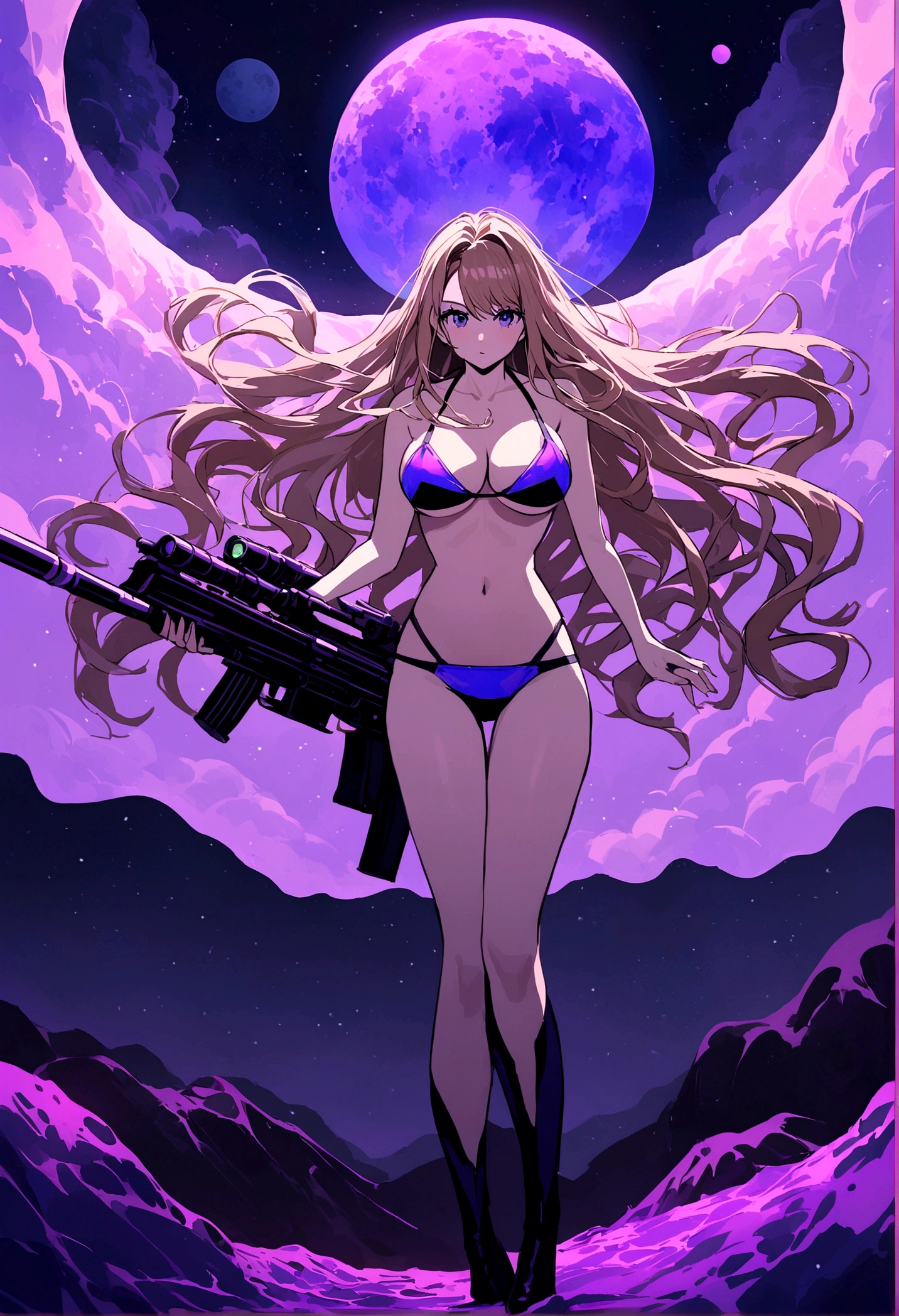 sofia vergara (age 30), space explorer in her bikini uniform and carrying her laser rifle, is wandering along the alien worlds sea coast, purple hazy sky with three moons, alien beach at night