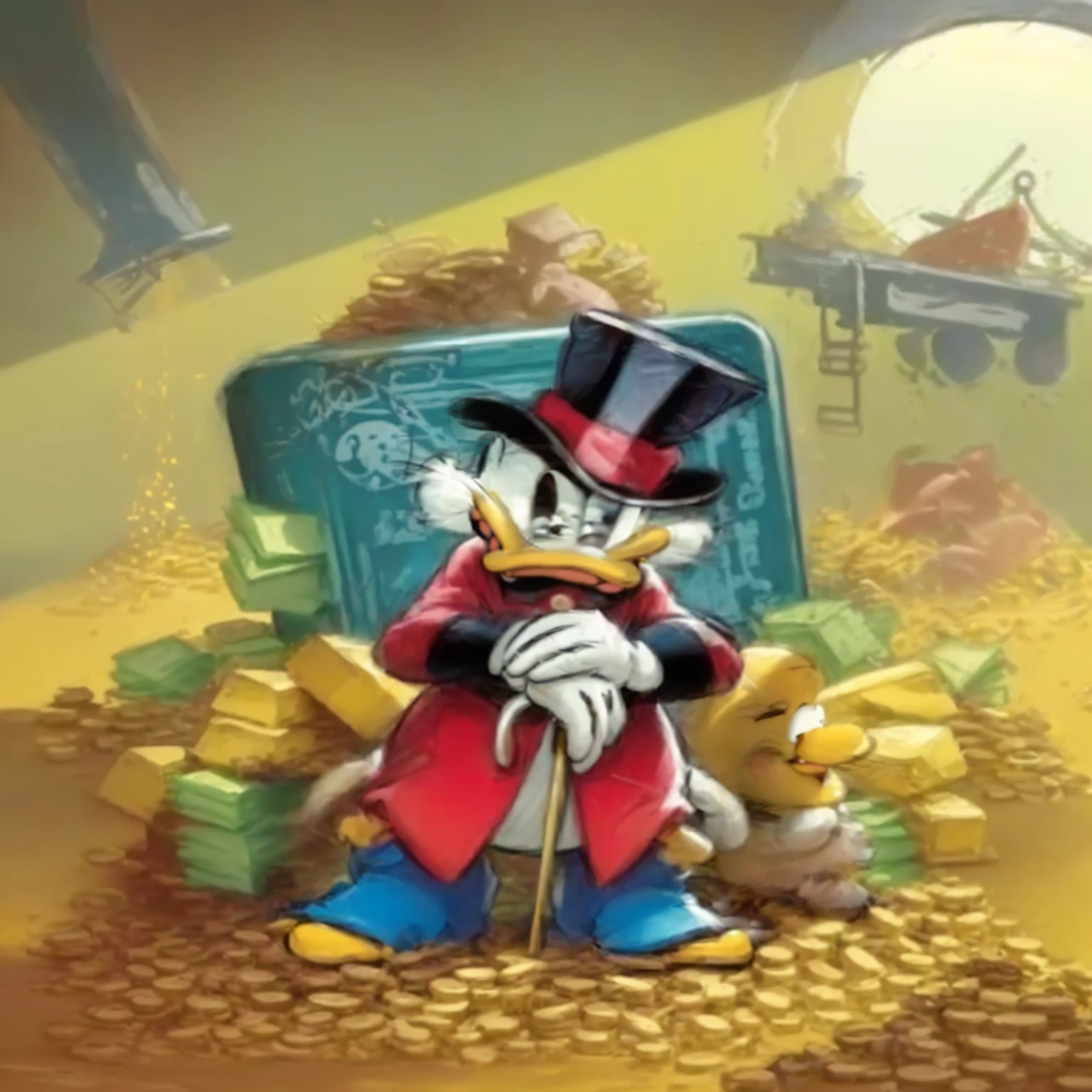 Mickey Mouse and friends in a pit of gold coins, inspired by Carl Barks, by Carl Barks, Pato Donald, inspired by Jacob Pato, Patolino, Official Art, plutocracy, Albert Uderzo, por Hanna-Barbera, capitalist, capitalist clown, promo art, by Bob Singer, quackery, promotional art, loony tunes style