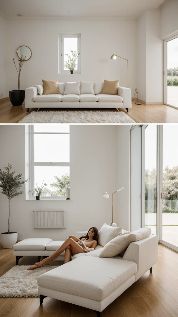 Uma mulher linda e elegante, with long, silky hair, lying on a beautiful white sofa, in a modern, minimalist living room. The room has white walls, light wood floor, contemporary design furniture and large windows that let in natural light. The woman is positioned in a relaxed and natural way, with a serene and confident expression.

detaileds Técnicos:

styled: realisitic, photorealistic Perspective: front view, corpo inteiro
lighting: naturallight, suave e difusa
colors: neutral tones, with touches of soft colors and elegant Ambience: Interior of a modern house, minimalist and well decorated Additional Instructions:

Appearance of woman: Make sure the woman looks elegant, sophisticated and attractive, with delicate facial features and a confident posture.
Home environment: The home environment must be clean, organized and well designed, with contemporary design furniture and decor.
sofa: The sofa must be white, beautiful and modern design, complementing the room decor.
lighting: Lighting should be soft and natural, creating a calm and relaxing atmosphere.
colors: Colors must be harmonious and complementary, avoiding very strong contrasts.
detaileds: pay attention to details, like textures, shadows and reflections, to create a photorealistic and immersive image. The woman is totally 